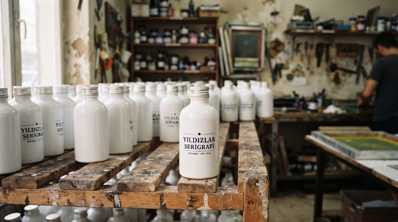 Yıldız Serigrafi atölyesinde kurutma rafı üzerinde baskılı beyaz şişeler