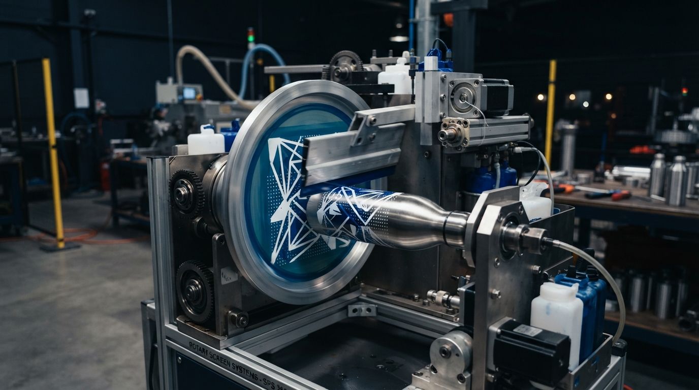 Döner serigrafi makinesinde çelik termosa 360° baskı
