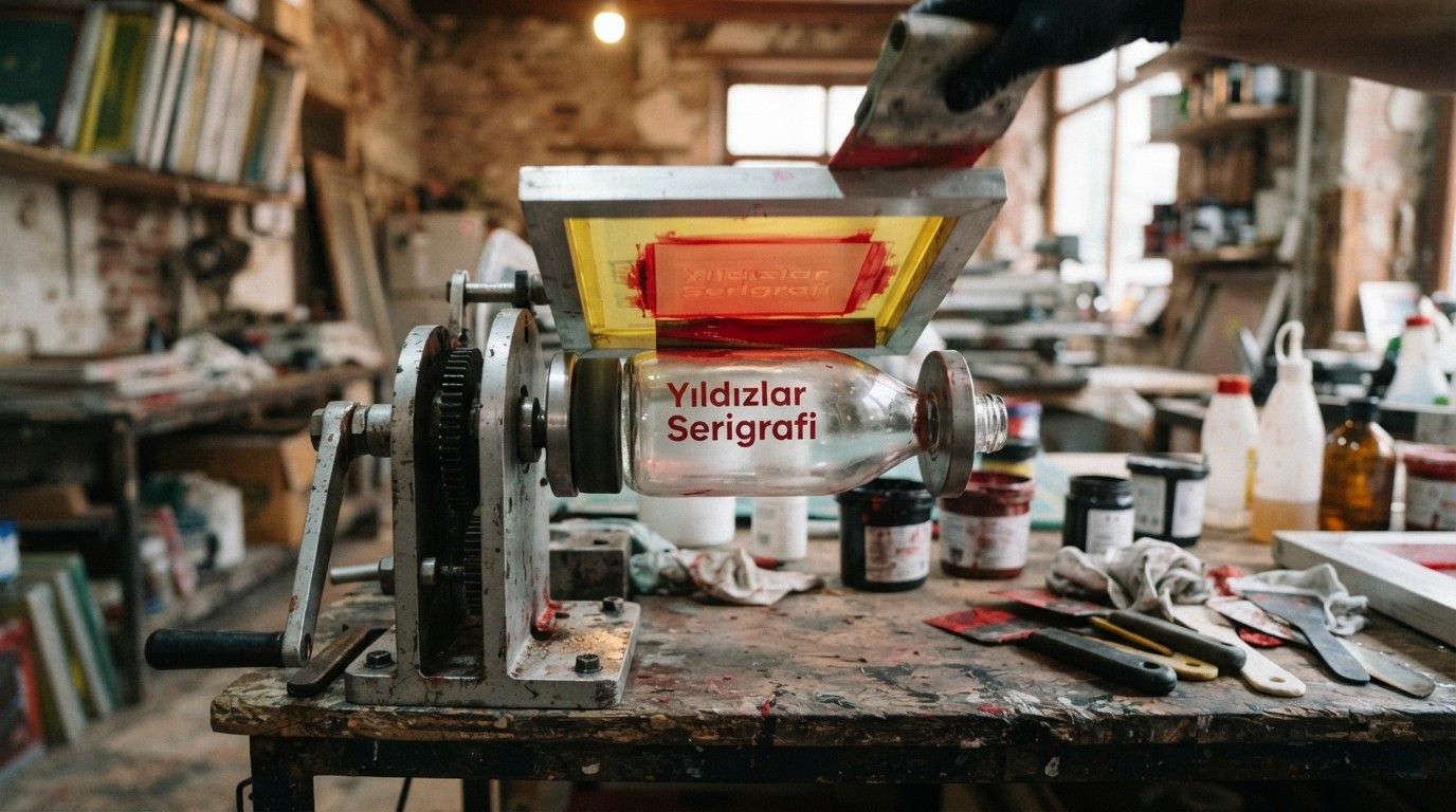 Silindirik serigrafi istasyonunda döner yatakta tutulan cam şişeye baskı yapılıyor